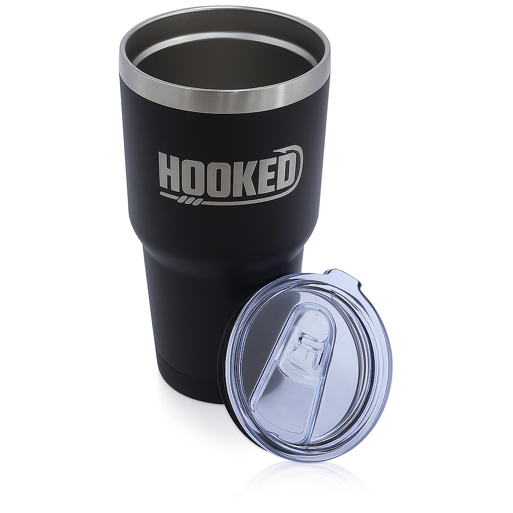 Black insulated tumbler with clear lid on a white background, featuring the brand 'HOOKED'.