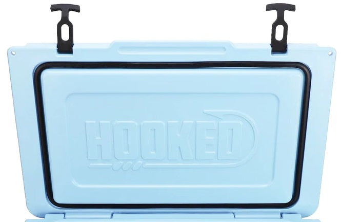 image of new-style cooler with Hooked logo on the inside of the lid.