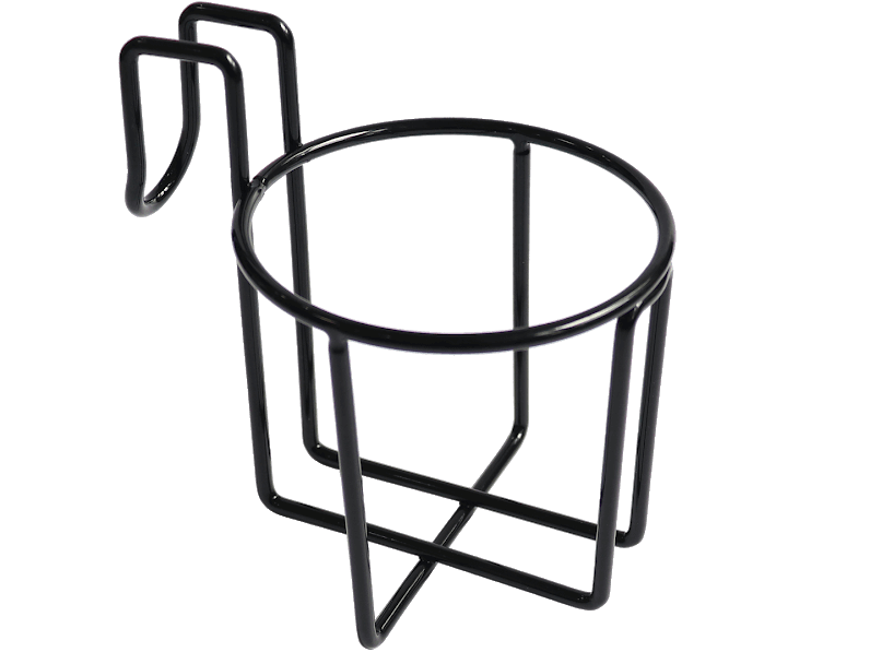 Black wire cup holder to hold beverage.