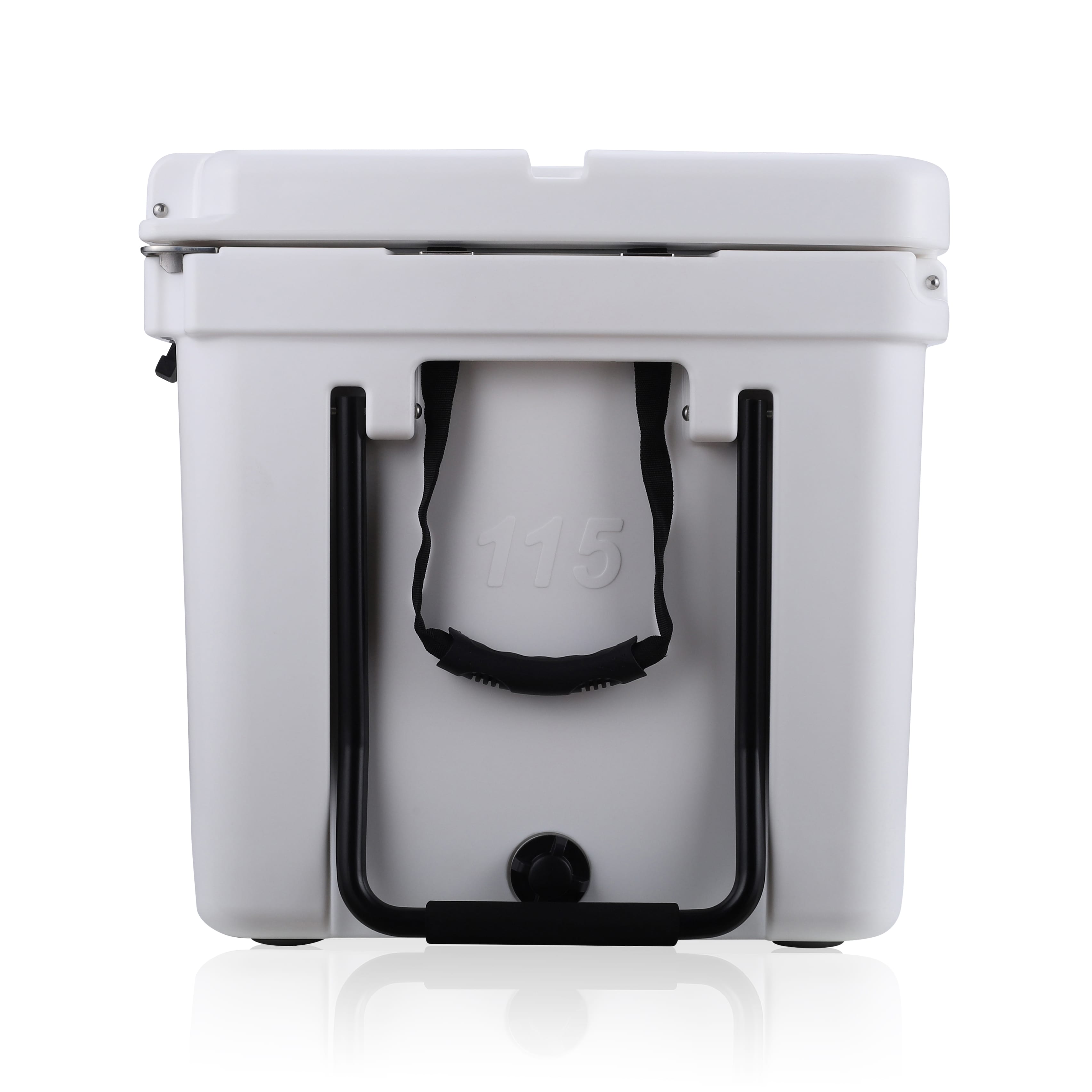 side image showing wheels of White cooler.