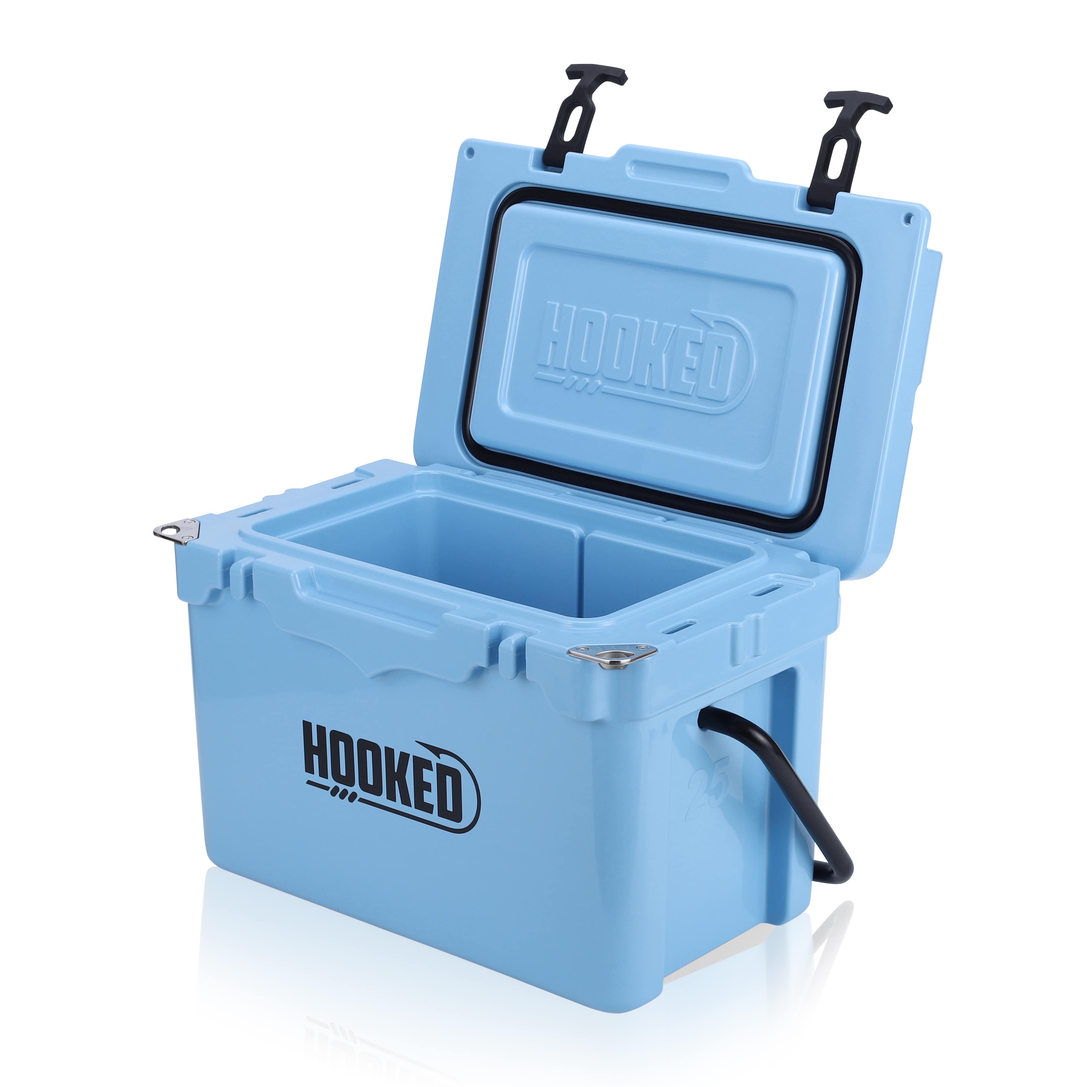 Front / Side image of open Carolina Blue cooler.