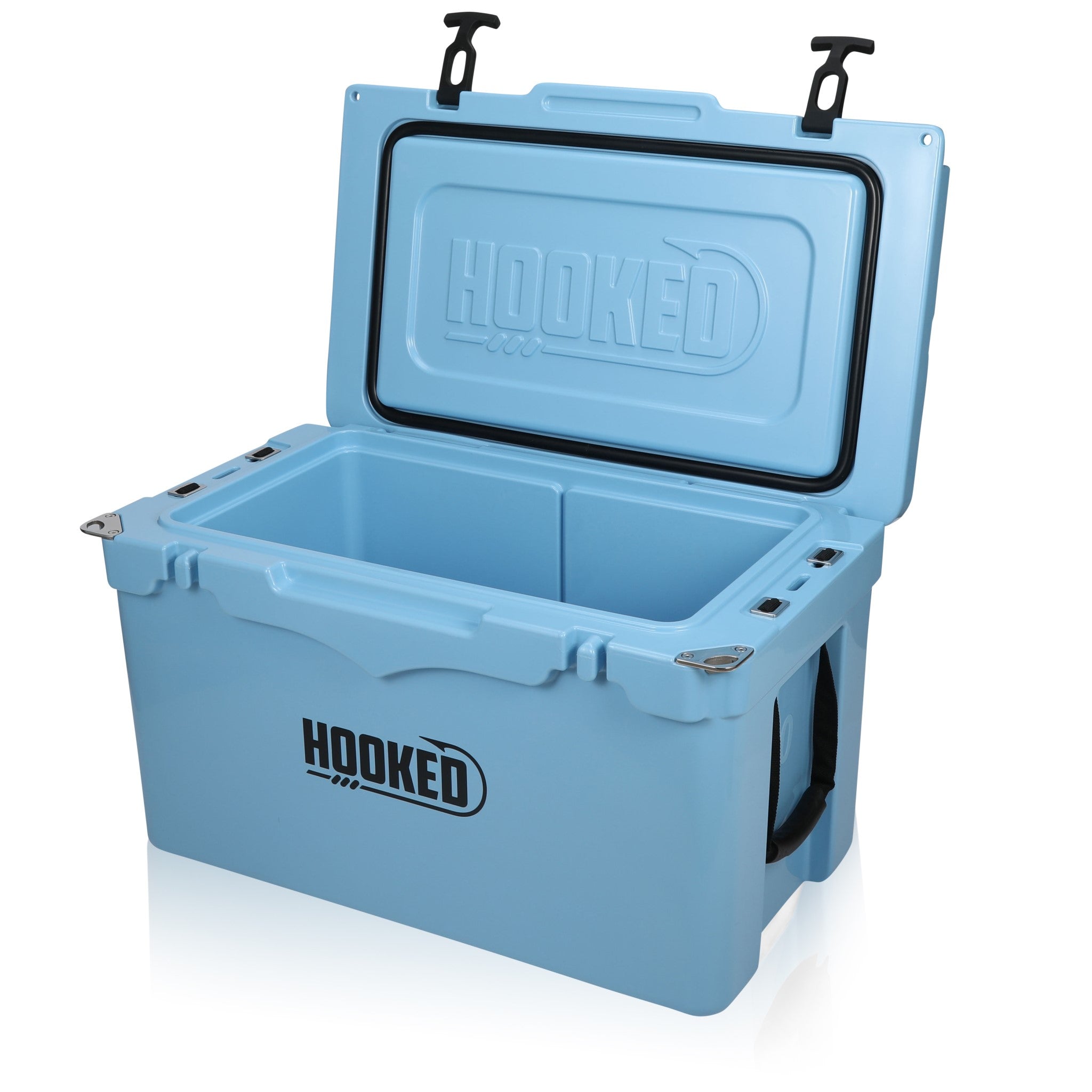 Front / Side image of open Carolina Blue cooler.