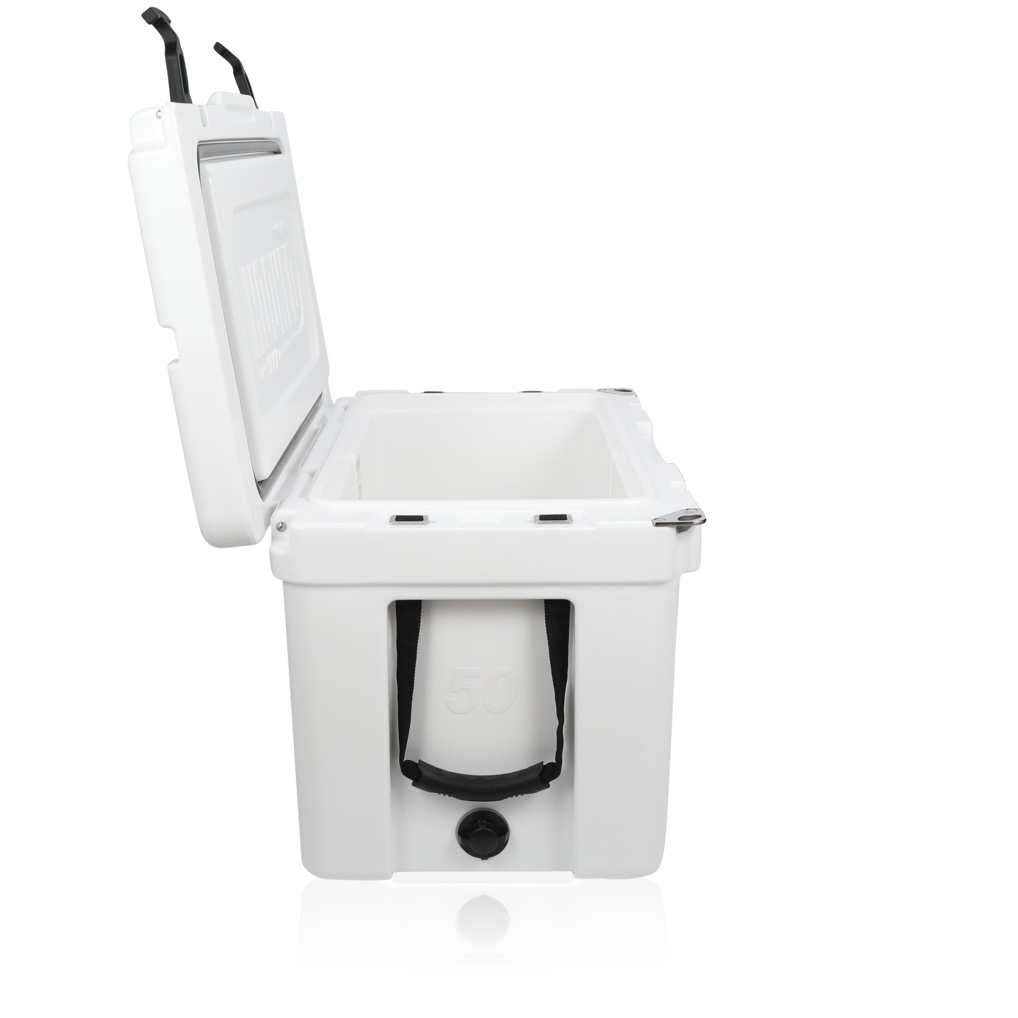 side image of open White cooler.