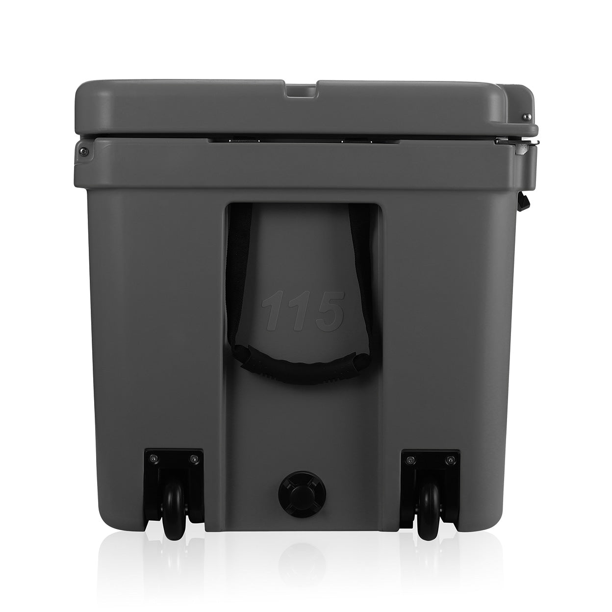 side image showing wheels of Slate Gray cooler.
