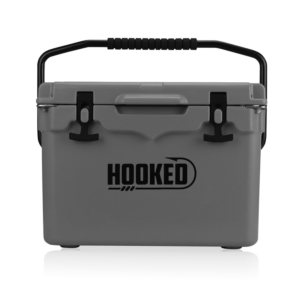 Front image of Slate Gray cooler.
Handle is up