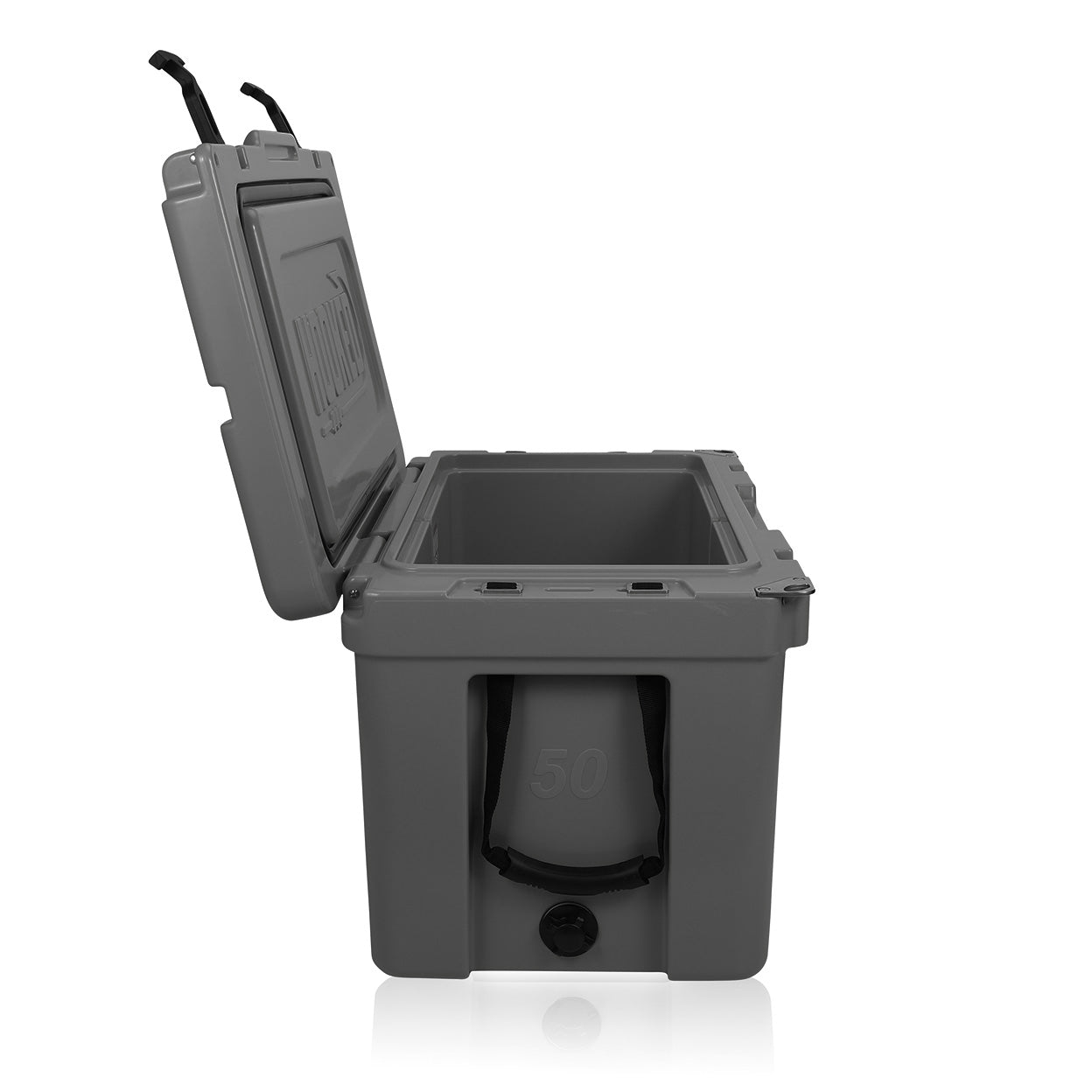 side image of open Slate Gray cooler.
