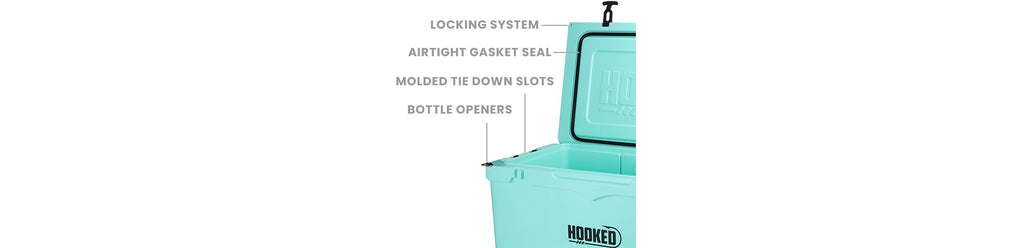 Top features of cooler. Bottle openers, tie down slots, gasket and locking system.