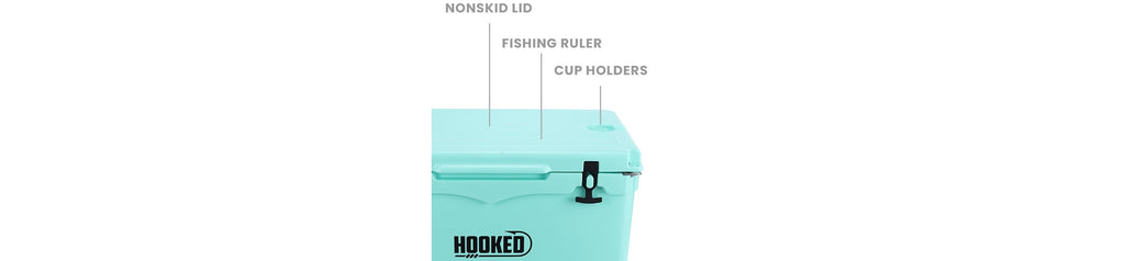 picture showing top side features of cooler, nonskid lid, fishing ruler and cup holders.