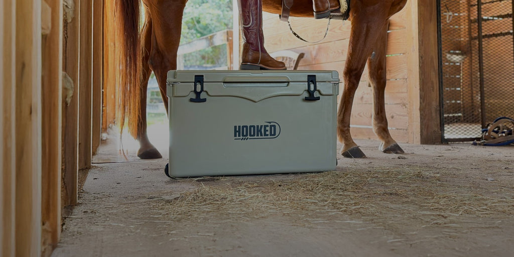 Person stepping onto a tan Hooked cooler to mount a horse.