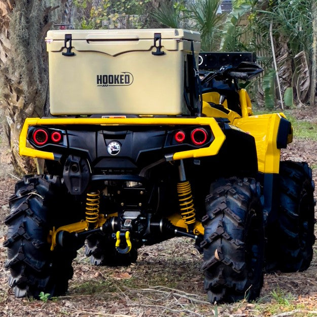 Image of Hooked Cooler sitting on the back of an ATV.