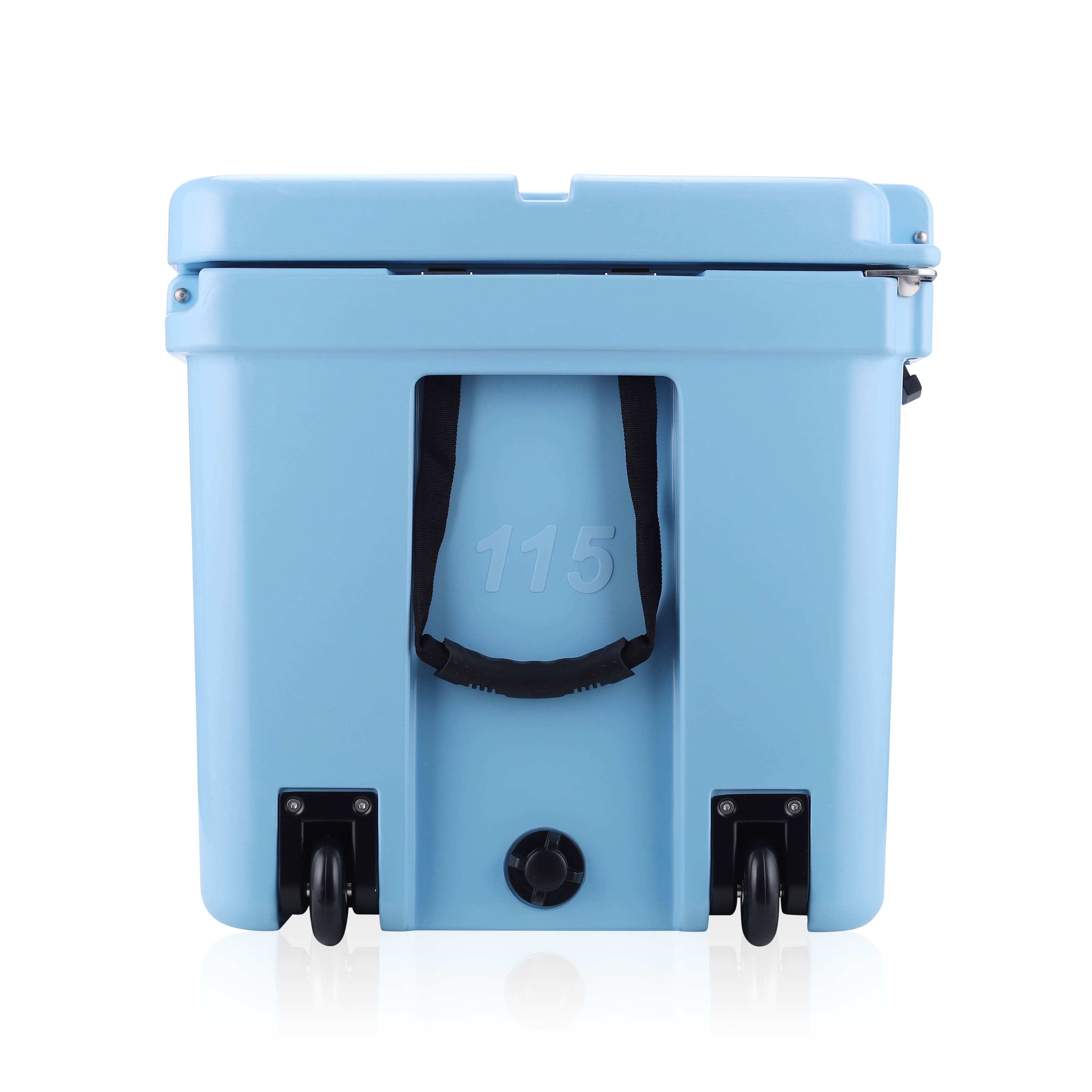 side image showing wheels of Carolina Blue cooler.
