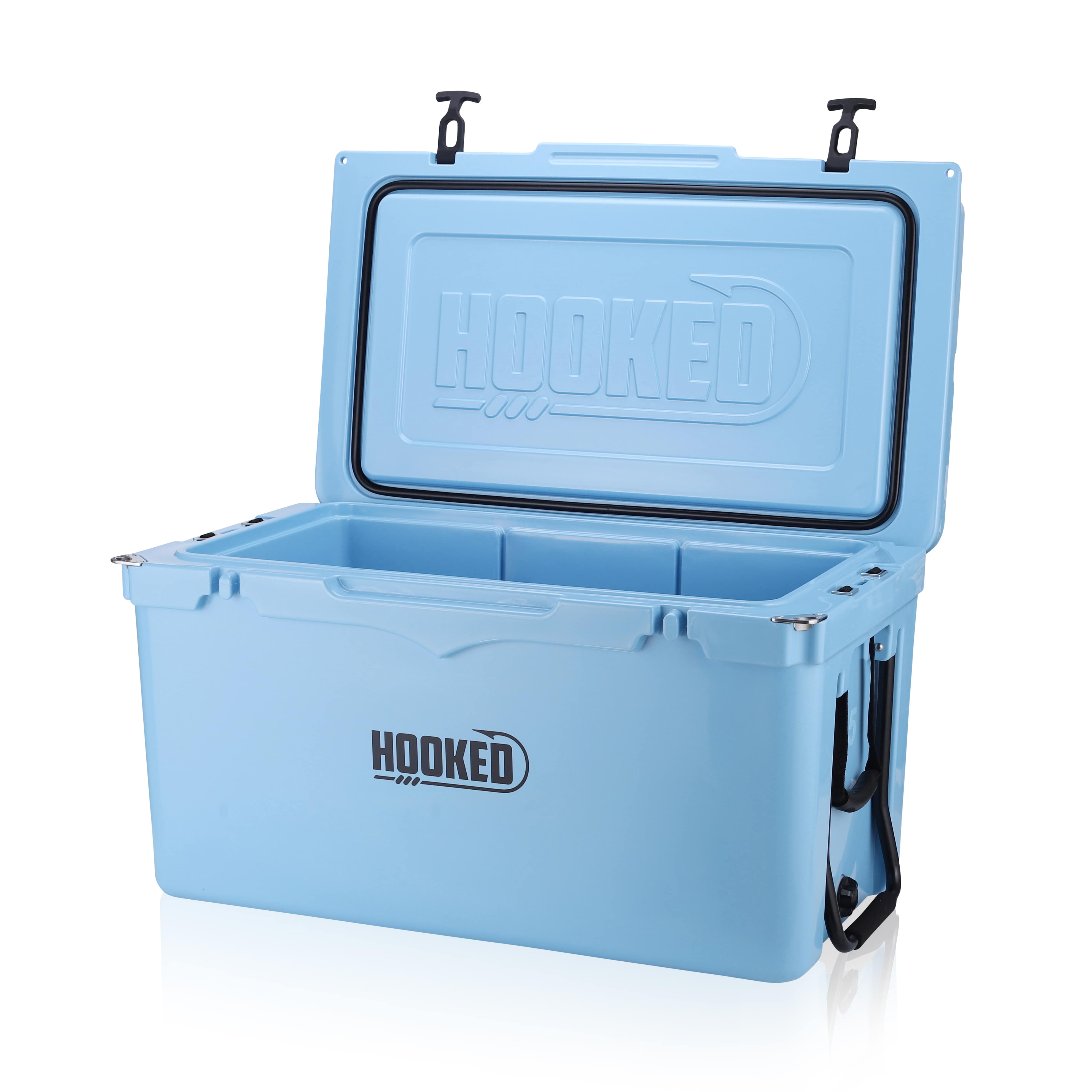 Front / Side image of open Carolina Blue cooler.
