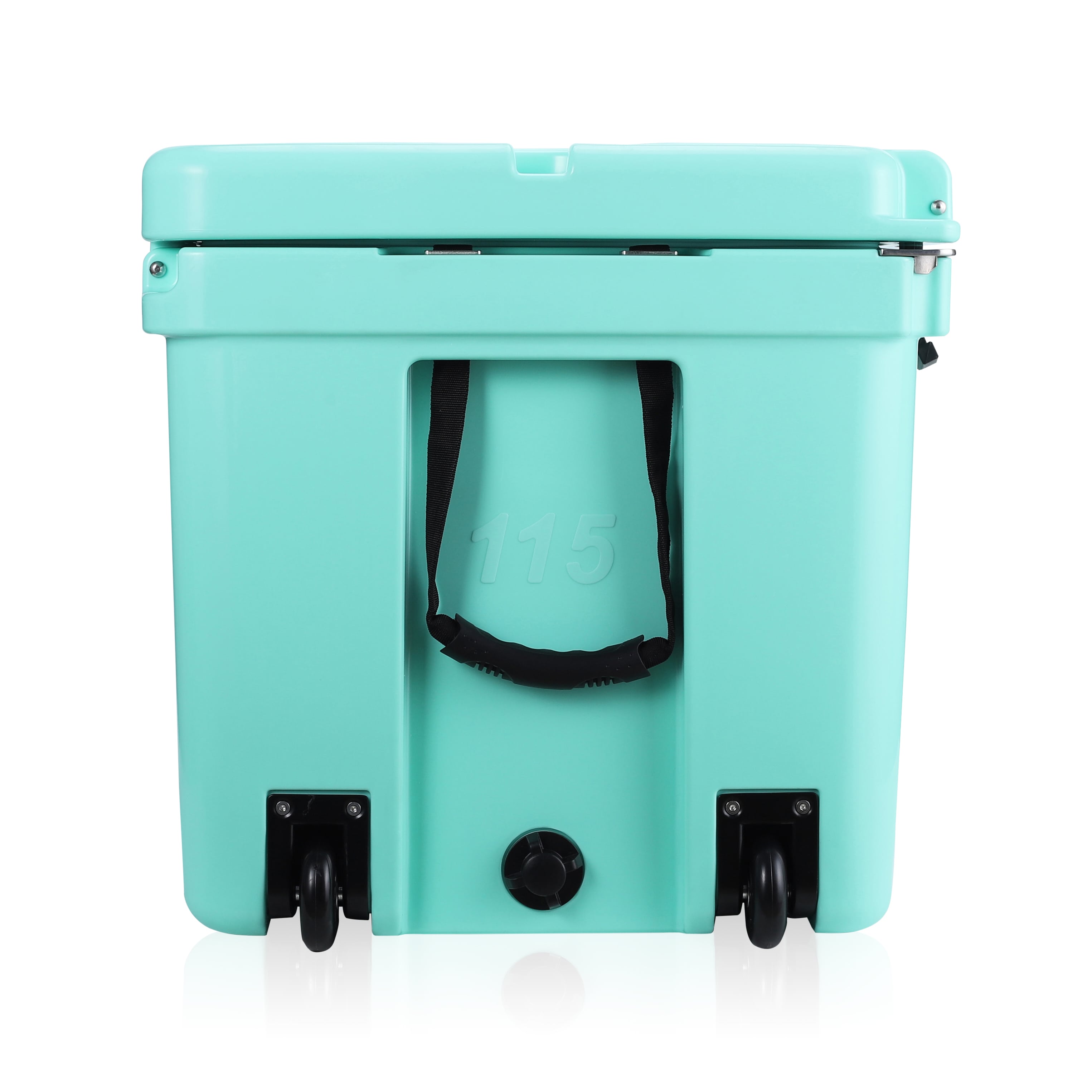 side image showing wheels of Seafoam cooler.
