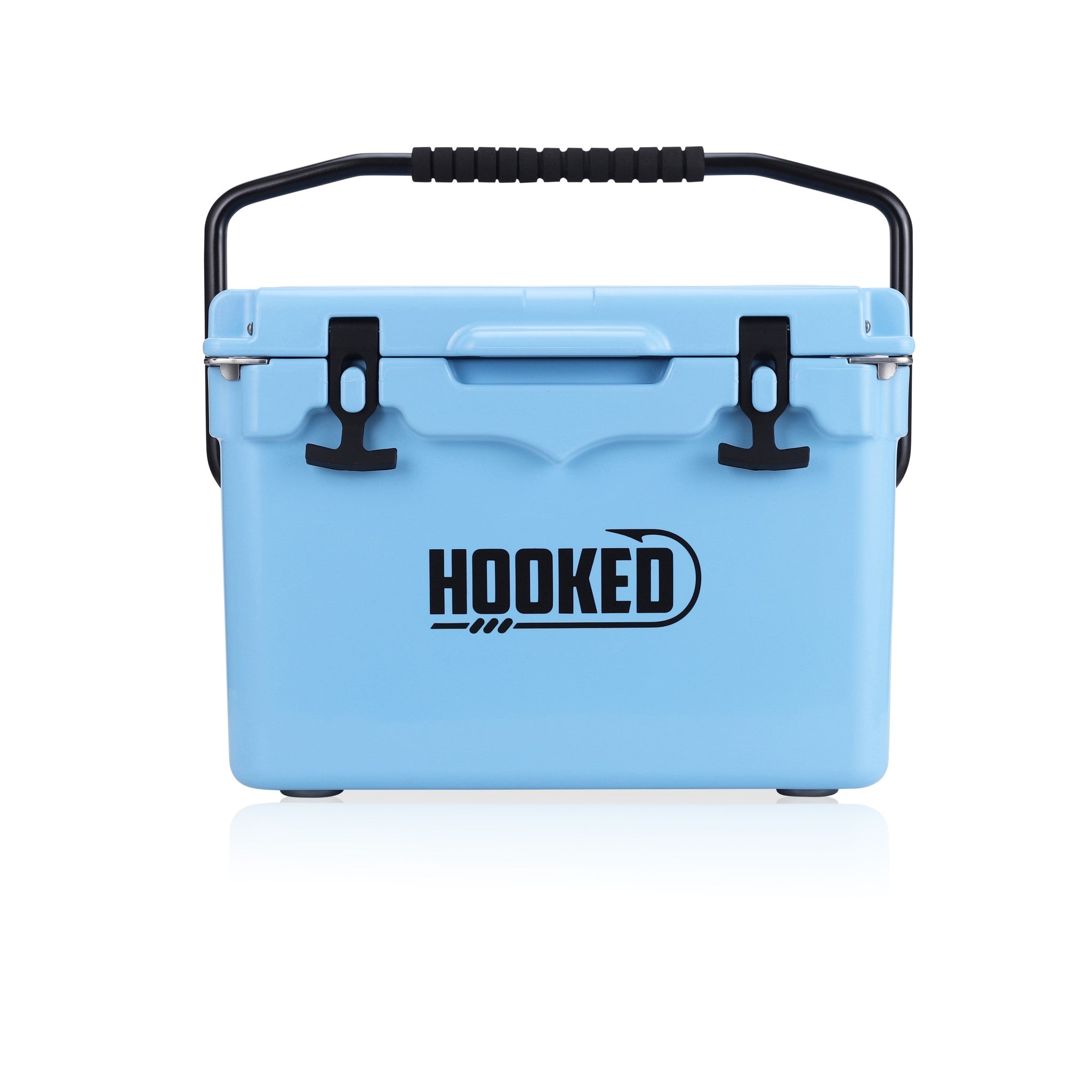 Front image of Carolina Blue cooler.
Handle is up