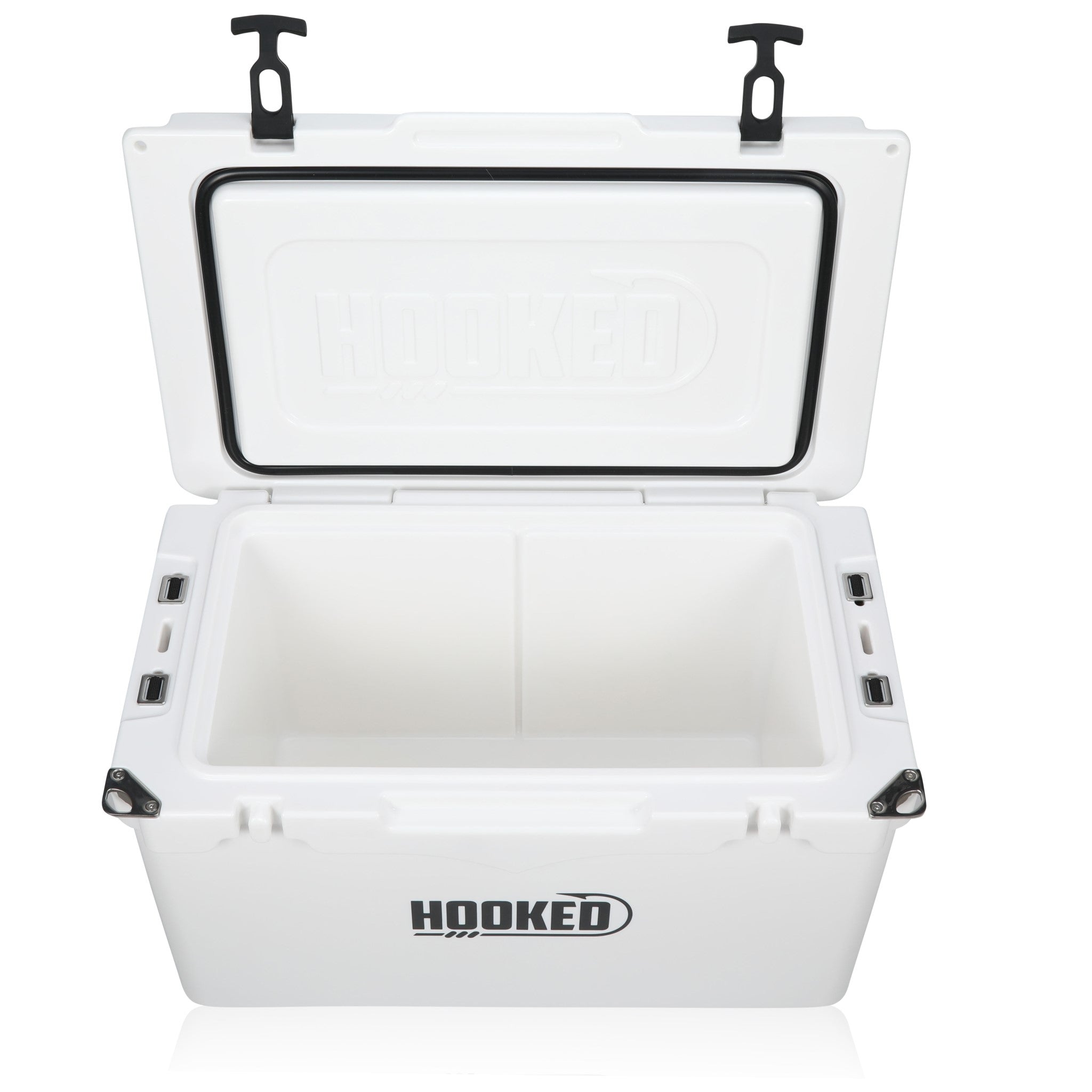 top front image of open White cooler.
