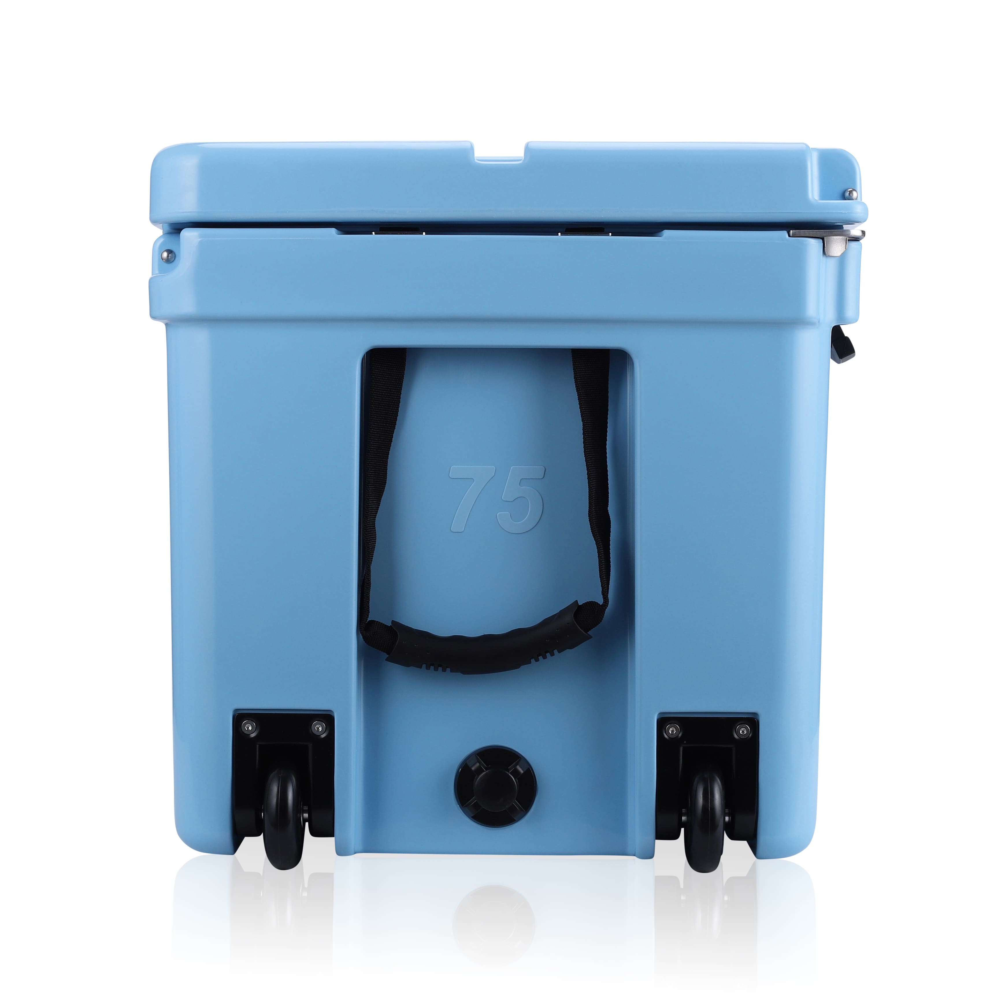 side image showing wheels of Carolina Blue cooler.