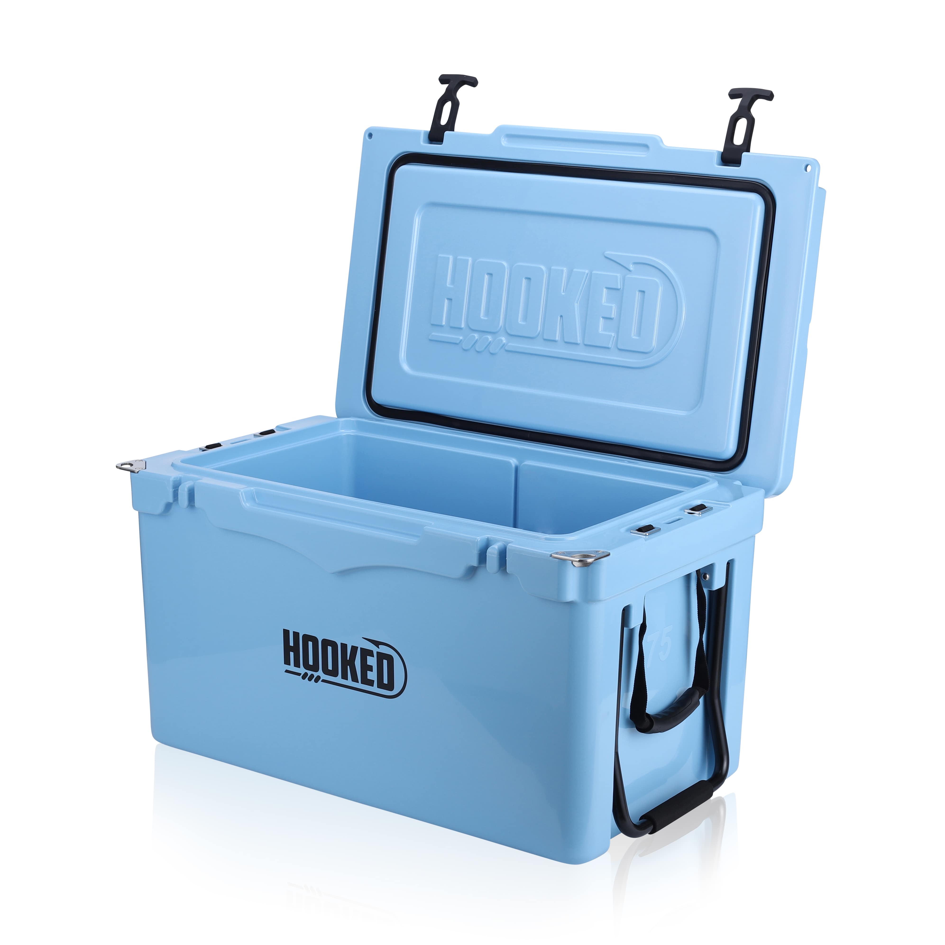 Front / Side image of open Carolina Blue cooler.