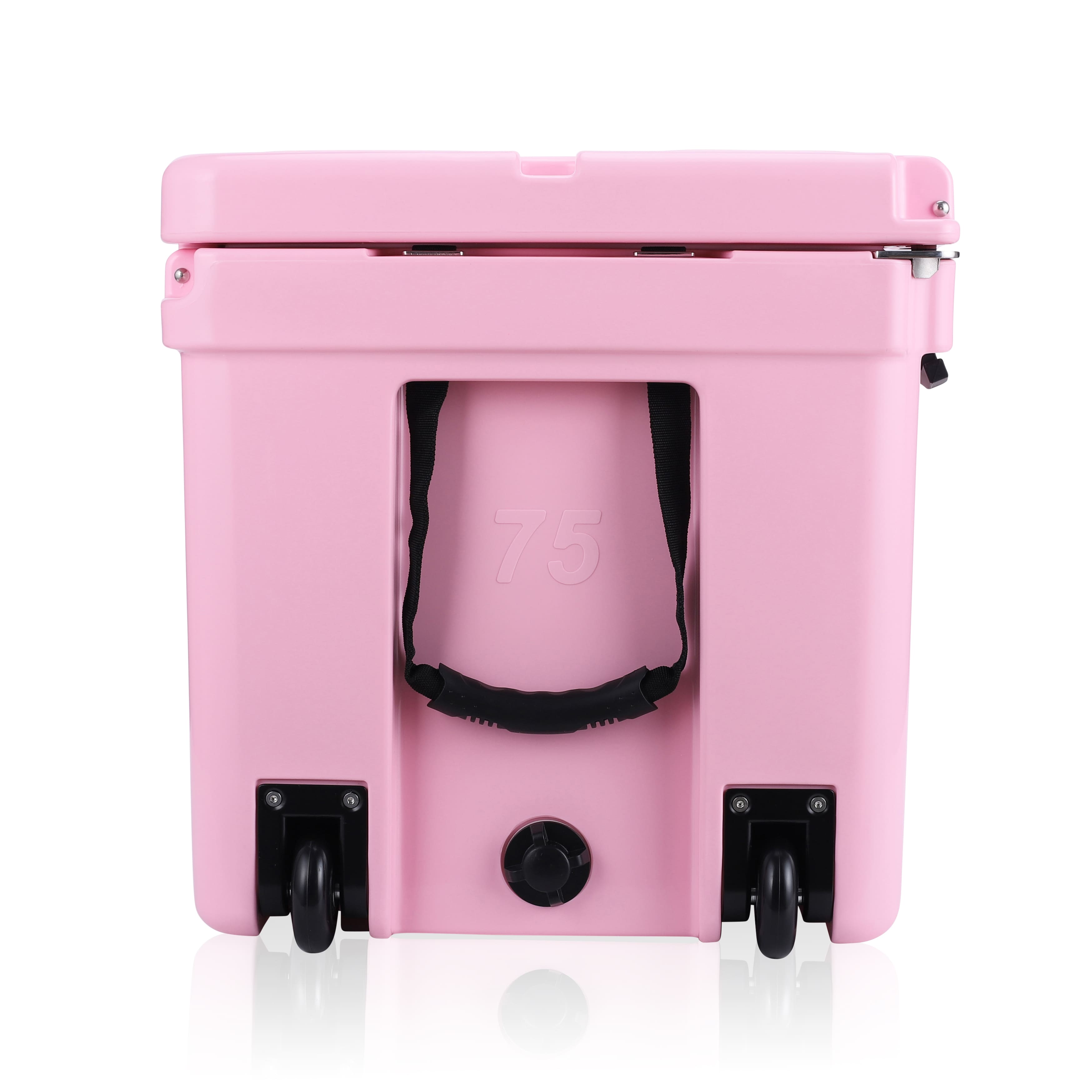 side image showing wheels of Pink cooler.
