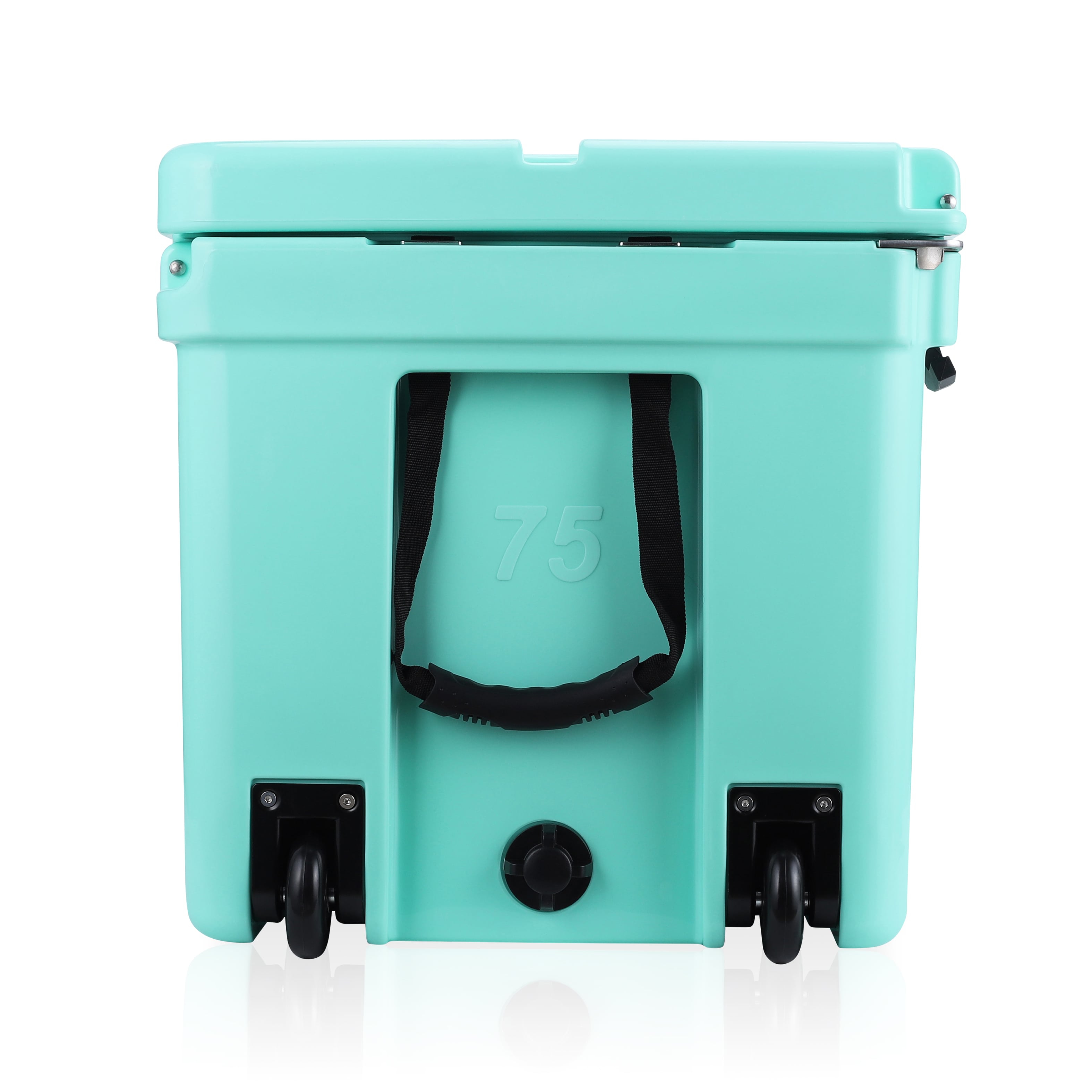 side image showing wheels of Seafoam cooler.